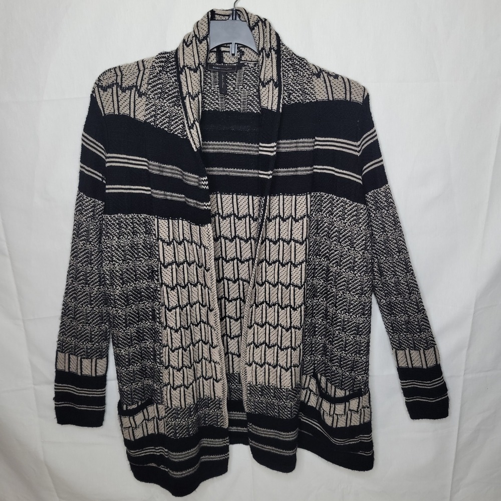 BCBG‎ MAXAZRIA Black & Beige Geometric Print Open Front Cardigan Sweater
